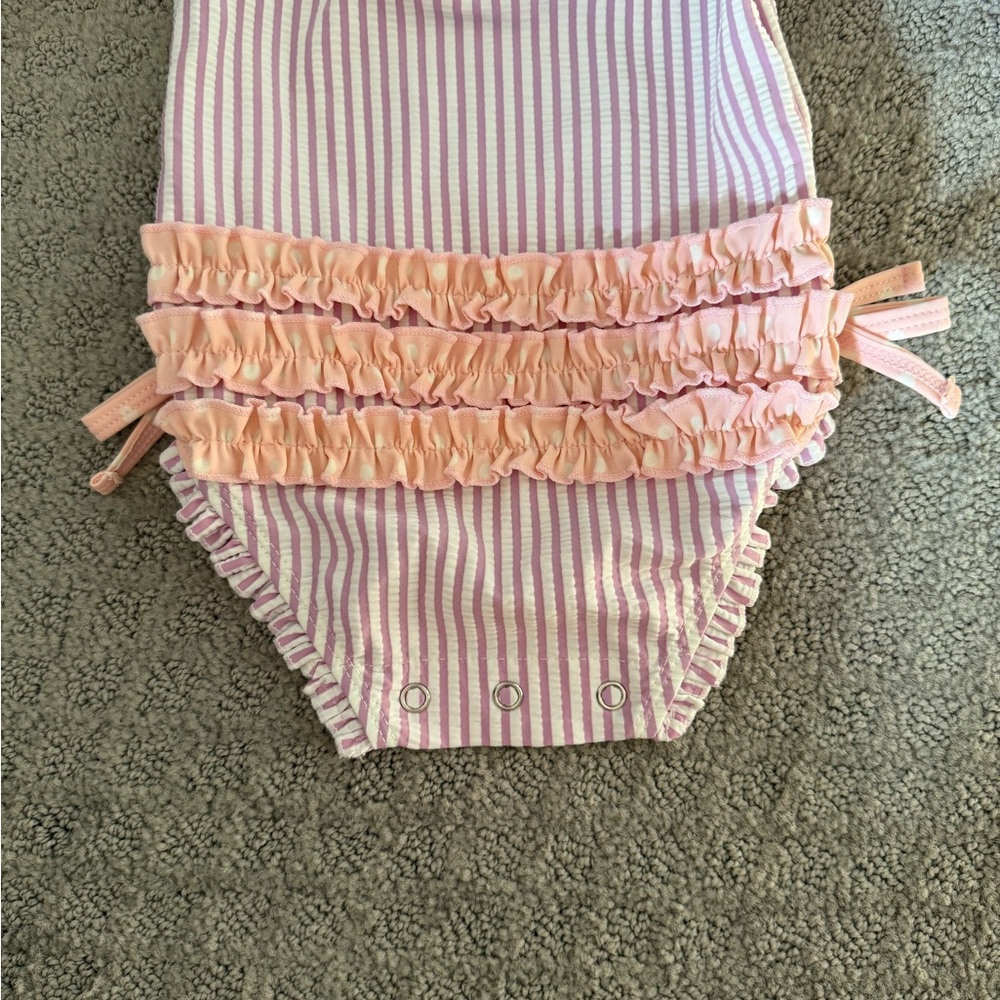 Ruffle Butts Purple and White Striped Swimsuit with Bow Details - Picture 7 of 7